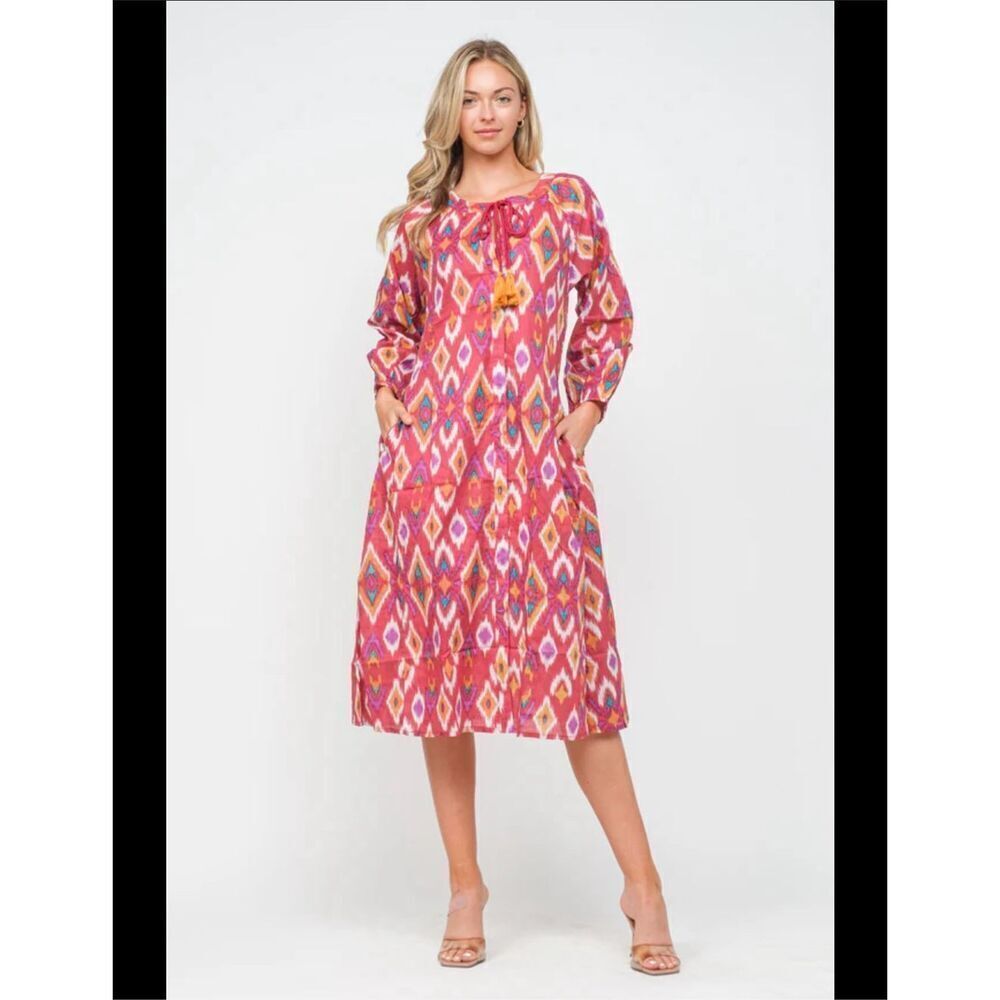 Raj Aurora Boho Inspired Red and Gold Cotton Dress Size Large New